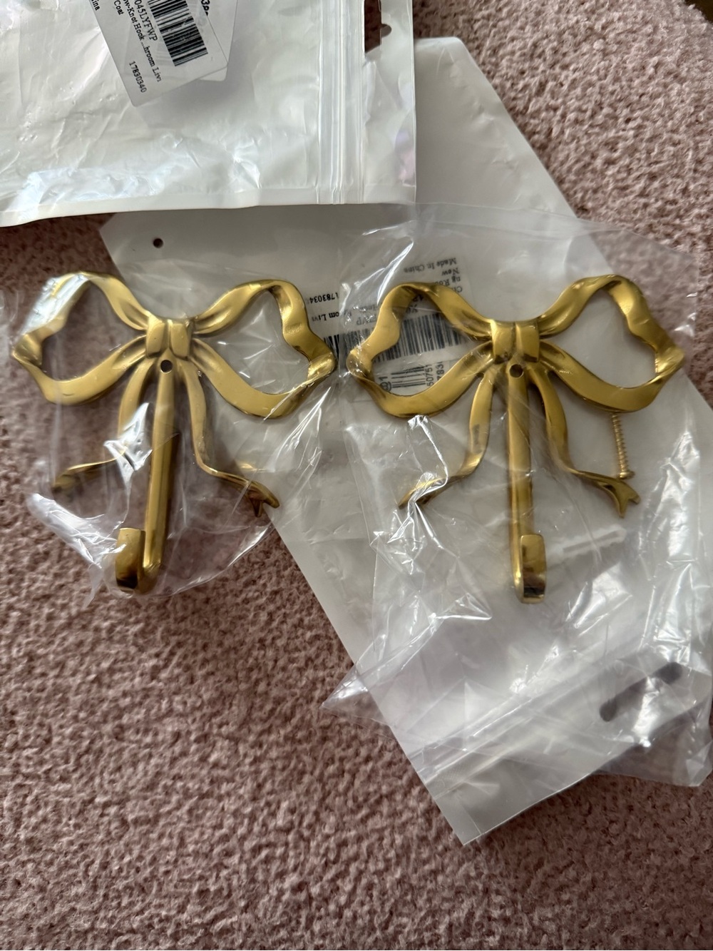 Decorative Bow Wall Hooks - Brass Tone Set of 2